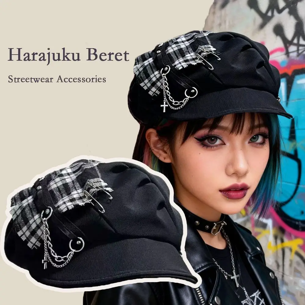 

Dark Checkered Harajuku Beret Hat Cool Spice Cross Women's Men's Berets Streetwear Accessories Casual Wear Punk Cap Cosplay