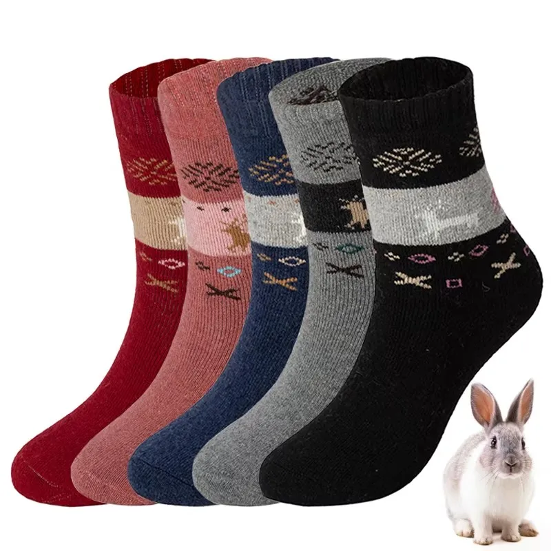 Winter Warmth 3-Pair Set of Thickened Soft Rabbit Fur Women's Socks with Christmas Snowflake and Deer Designs Female Socks