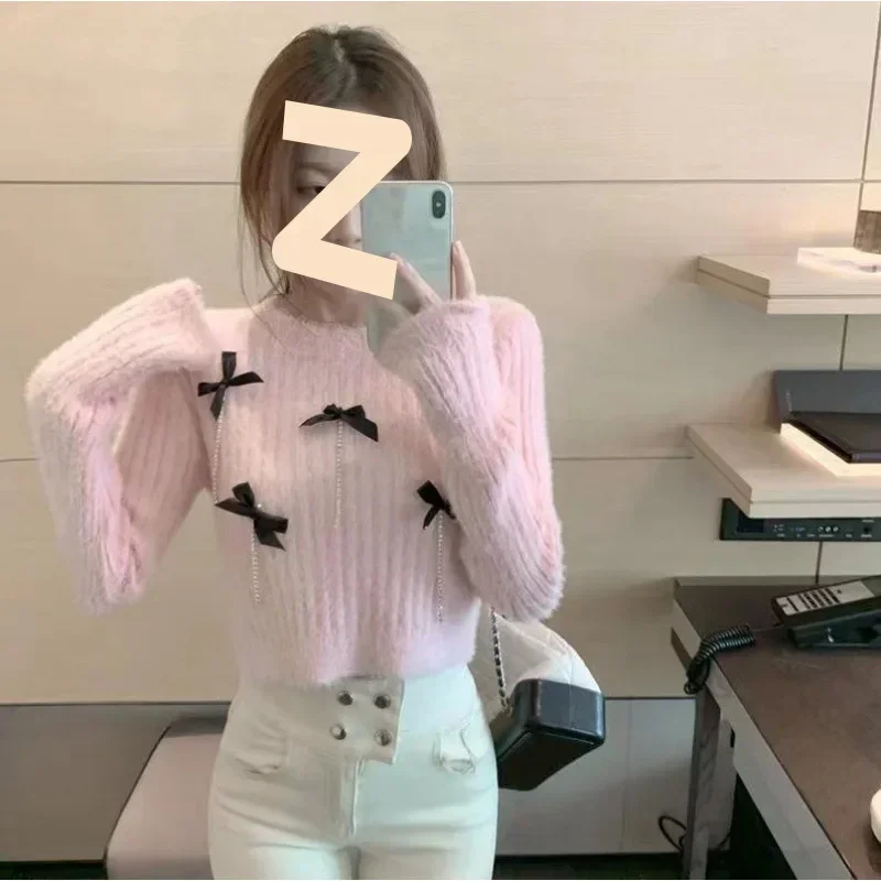 Pink White Blue 3D Bow Rhinestone Chain Sweater Jumper Pull Femme Korean Cropped Mujer Mink Cashmere Sueter Mohair Top V980