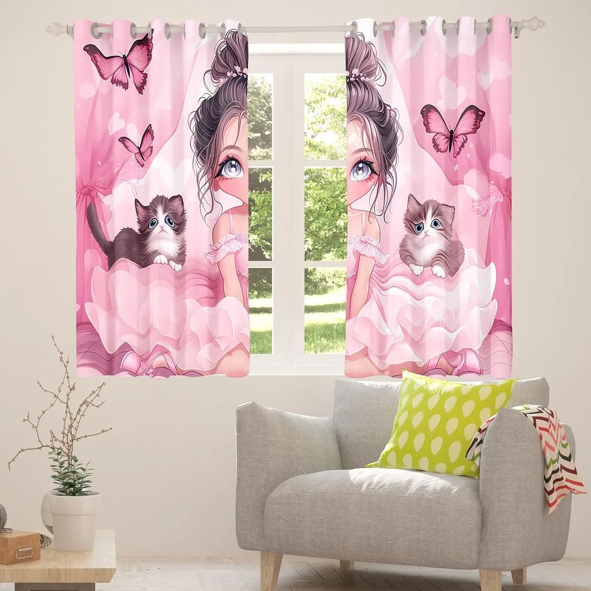 Sweet Pink Kawaii Anime Cartoon Girl Butterfly Kitten Curtains Drapes Nursery Decor Princess Style Kids Room Window Treatment