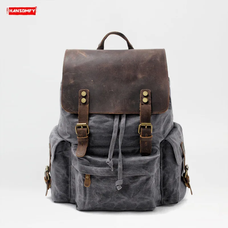 

2024 New Canvas with Leather Men's Backpacks Travel Shoulder Bag Waterproof 15 Inch Laptop Backpack Large Capacity Retro Male