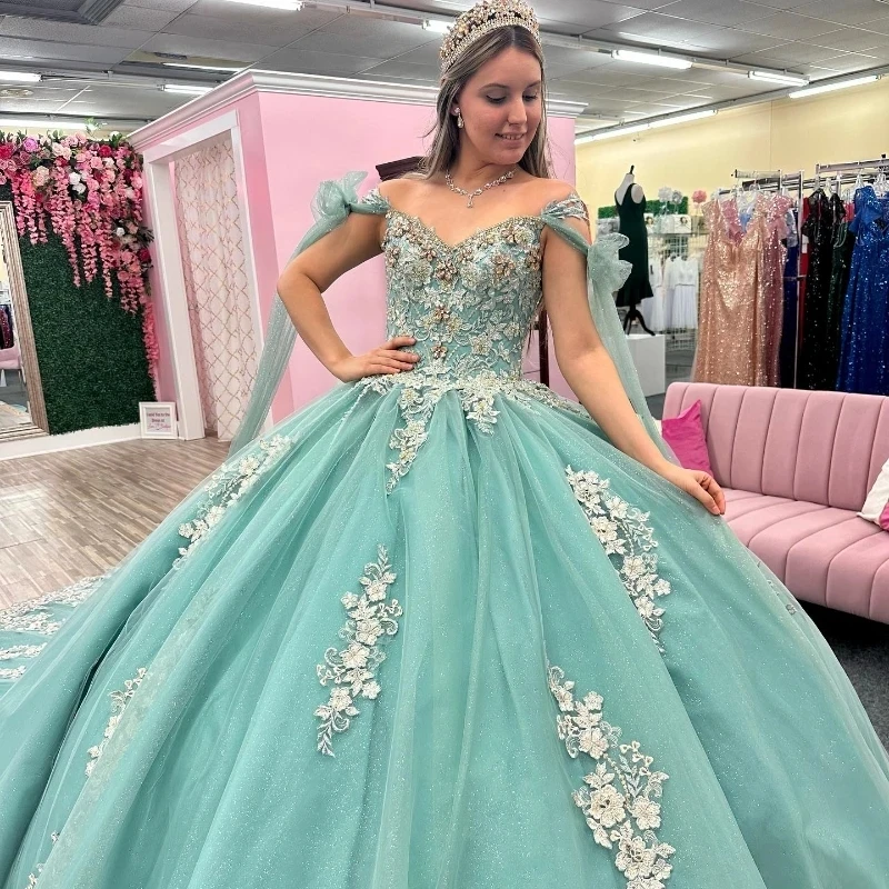 Vestido De princesa De quinceañera con cuello en V brillante, azul acuático, vestido De baile con capa, Apliques De encaje, dulce 16, 15 Años