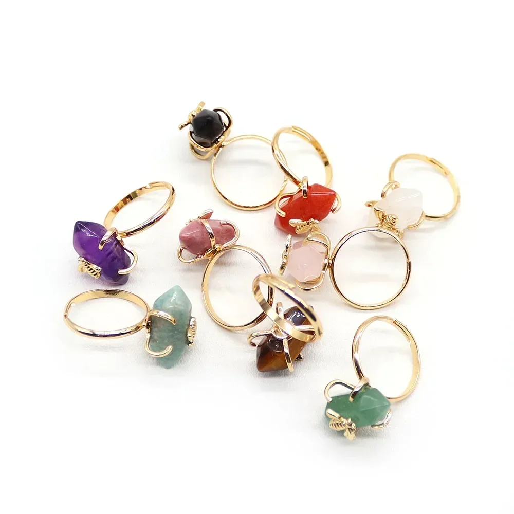 Exquisite Premium Natural Stone Amethyst Agate Polished Hexagonal Column Insect Patch Open Adjustable Ring Jewelry Accessories
