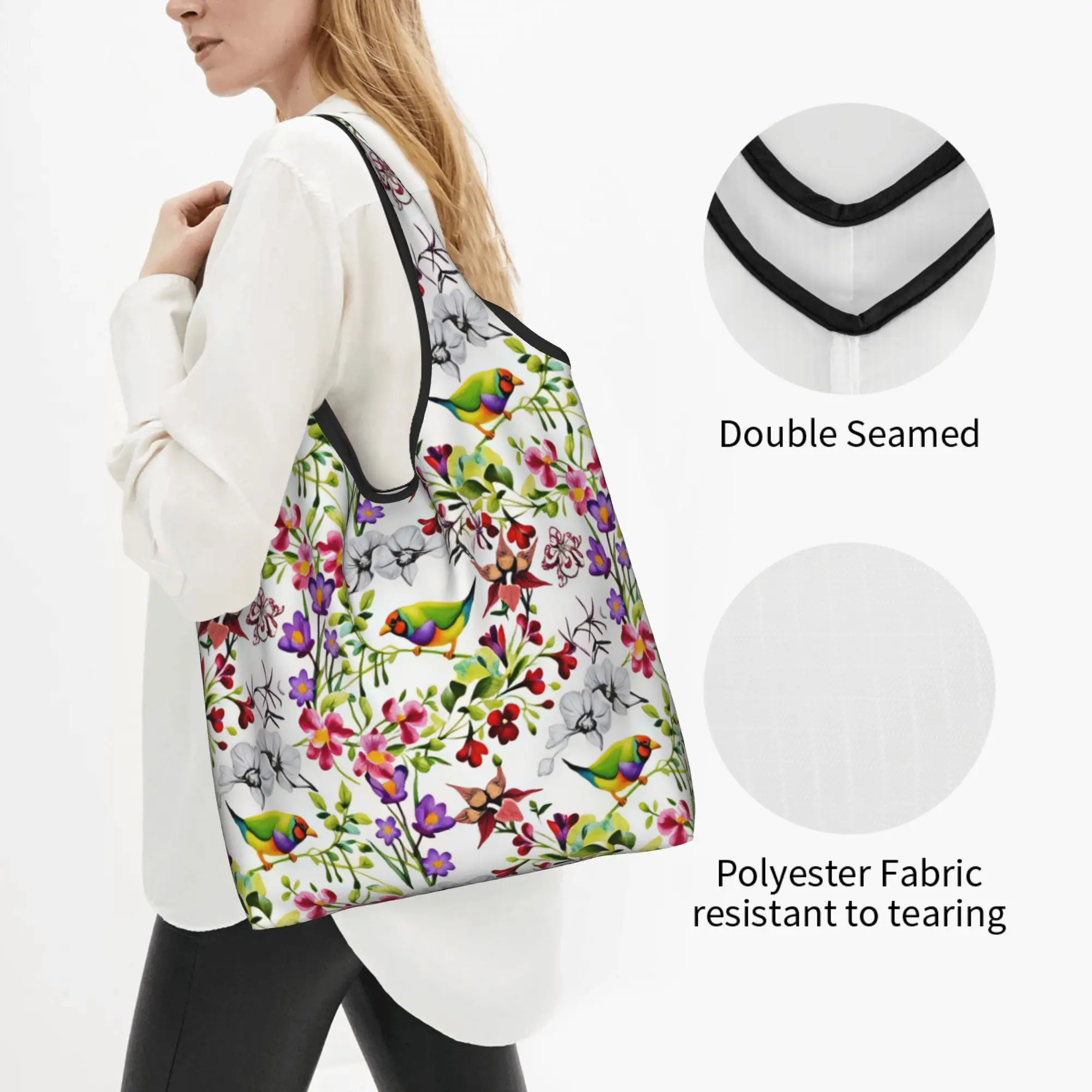 Kawaii Fashion Watercolor Birds And Plant Flowers Shopping Tote Bags Portable  Groceries Shoulder Shopper Bag