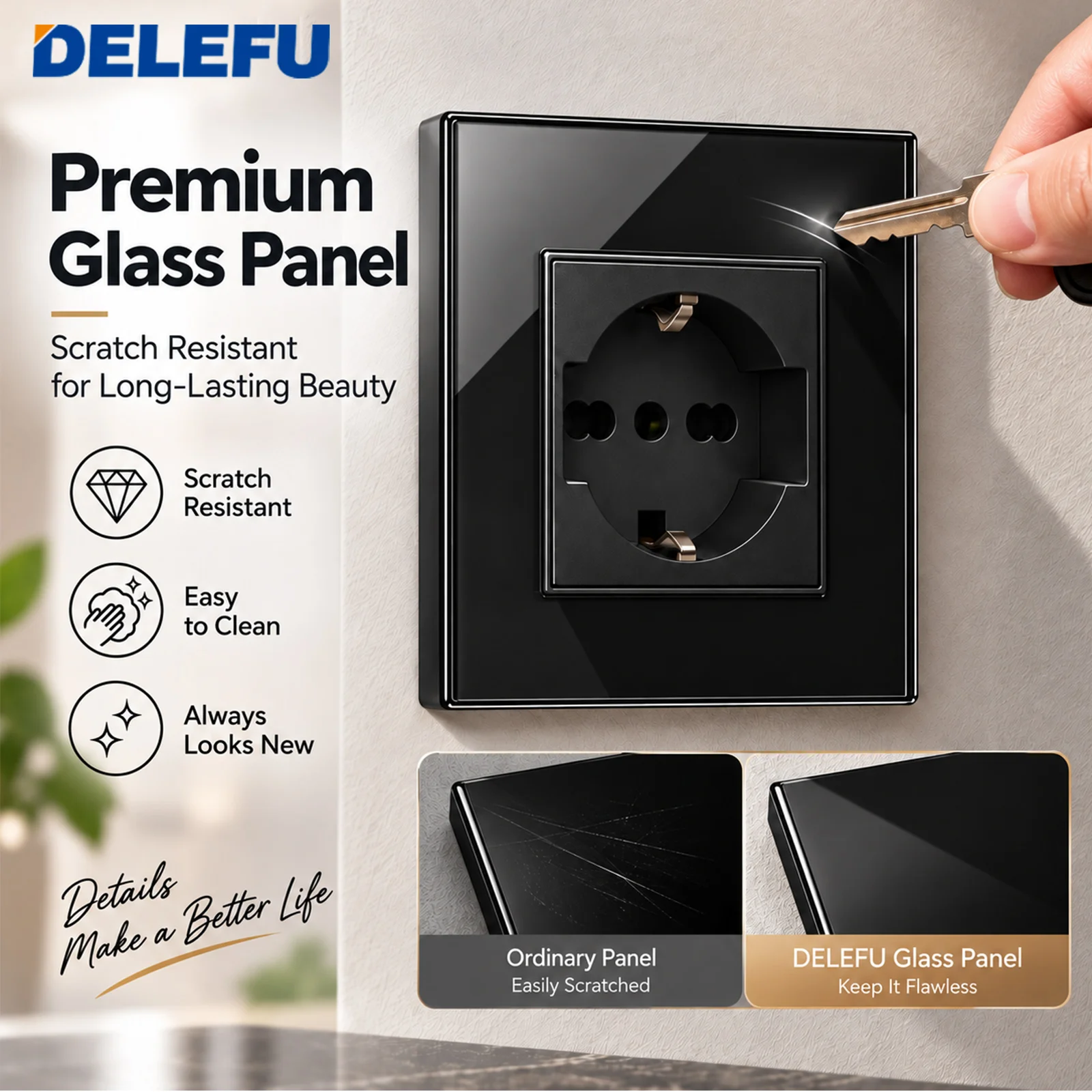 DELEFU 16A EU Schuko Italian Bipasso Wall Socket Luxury Glass Panel Power Outlet 86x90mm White Black Gray Gold