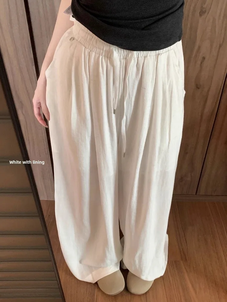 

Casual Wide Leg Pants Women's Drawstring Elastic Waist Linen Straight Leg Trousers Summer New Loose Feeling Loose Fit Trousers