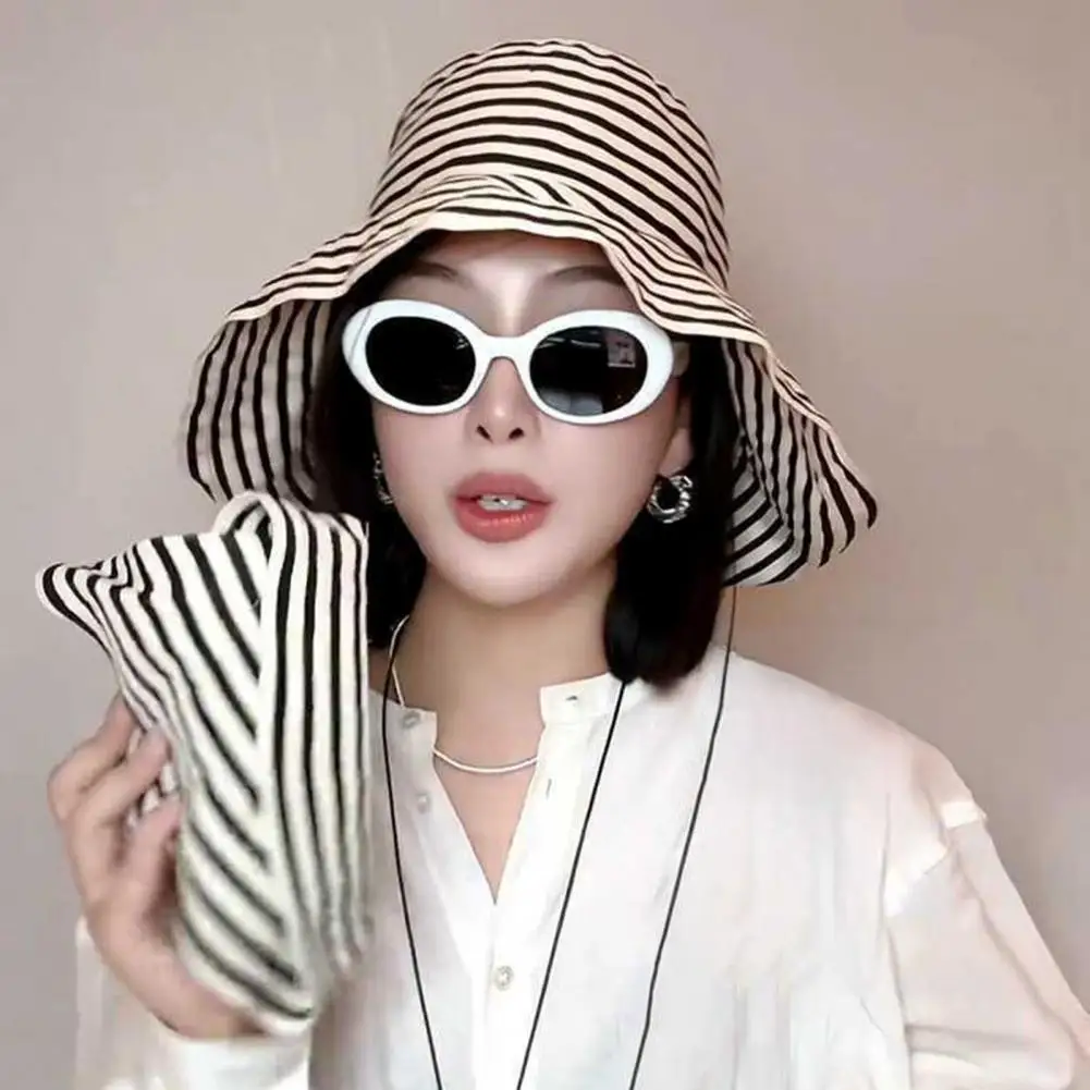 Foldable Beach Sun Hat Breathable Sun Visor Hat Women’s Wide Brim Sun Hat Striped Print Uv Protection Beach Lightweight
