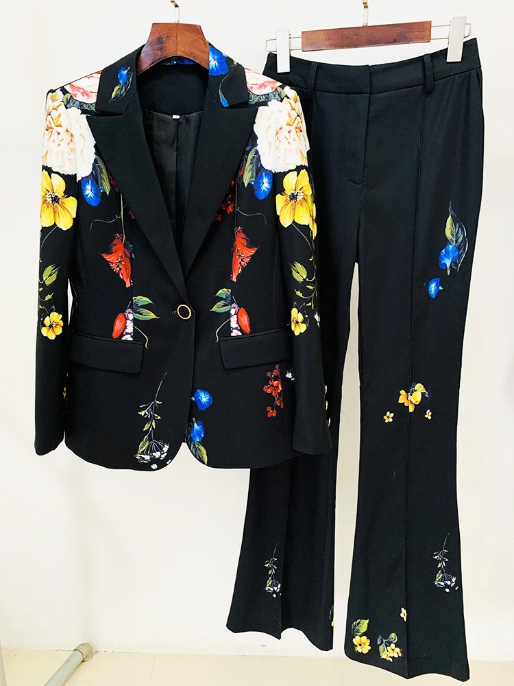 Imagem -02 - Blazer Estampado Floral Feminino e Calças Flare Conjunto de Passarela Botão Único Rua Alta Designer Mais Novo Peças 2024