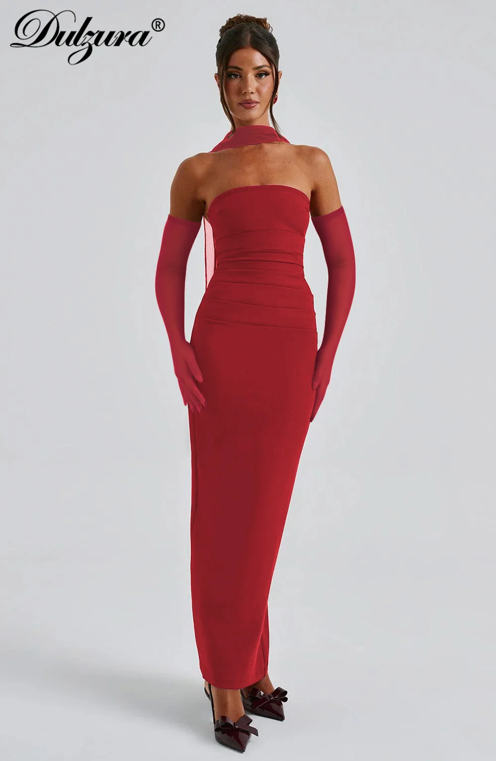 Dulzuraหน้าอกห่อBackless Bodycon RuchedกลับSlit Midiชุดตาข่ายถุงมือเซ็กซี่Elegant Tubeชุดยาวปาร์ตี้Clubwear
