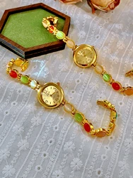 1 New Fashionable Women's Watch Inlaid with Colorful Candy-Colored Gemstones, Featuring a Variety of Colors of Exquisite Cat's Eye Stones, Cute, Romantic, Vintage, Elegant, Unique, Simple, Bohemian Style, Waterproof Quartz Watch for Women, Suitable for Daily Wear or as a Birthday and Holiday Gift