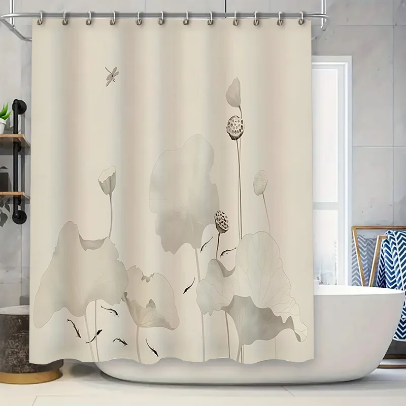 Elegante cortina de ducha con diseño de loto y diseño de pez libélula, resistente al agua, fácil de limpiar, añade la serenidad natural al espacio en el baño