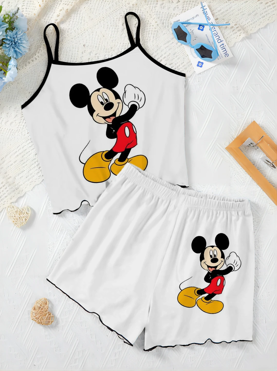 Top Pajama Skirt T-shirt Mickey Minnie Mouse Short Sets for Women 2 Pieces Home Dress Disney Lettuce Trim Elegant Women's Suit