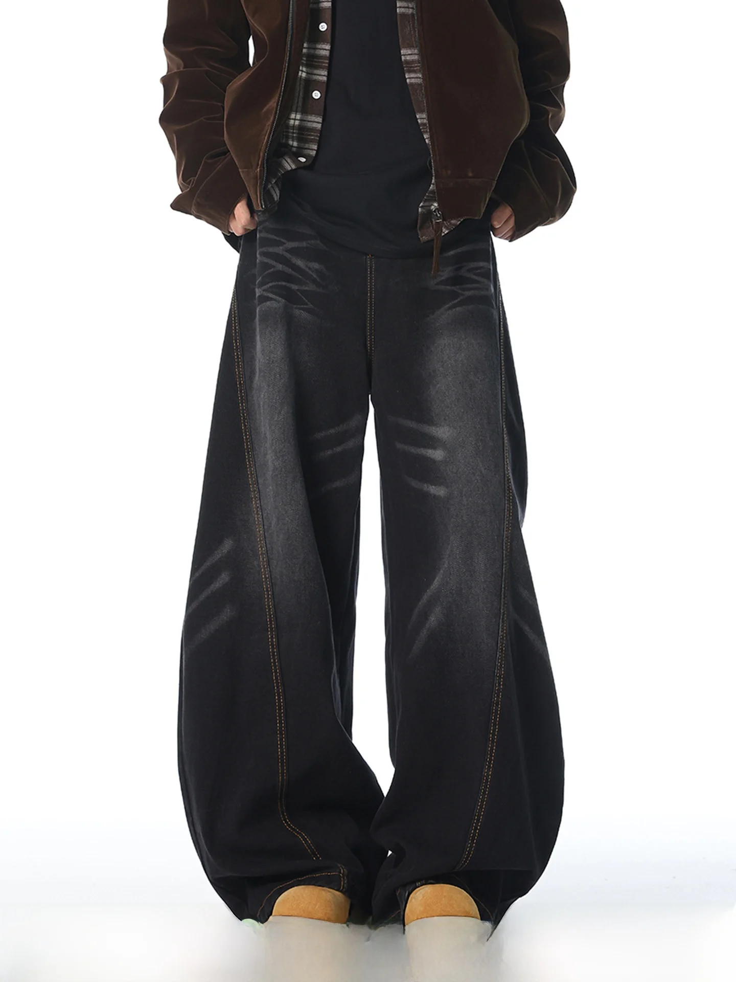 

Retro American Lightning Pattern Wide Leg Jeans Men's Spring New Sle Casual Loose Drapey Splicing Jeans Cotton Polyester Blend