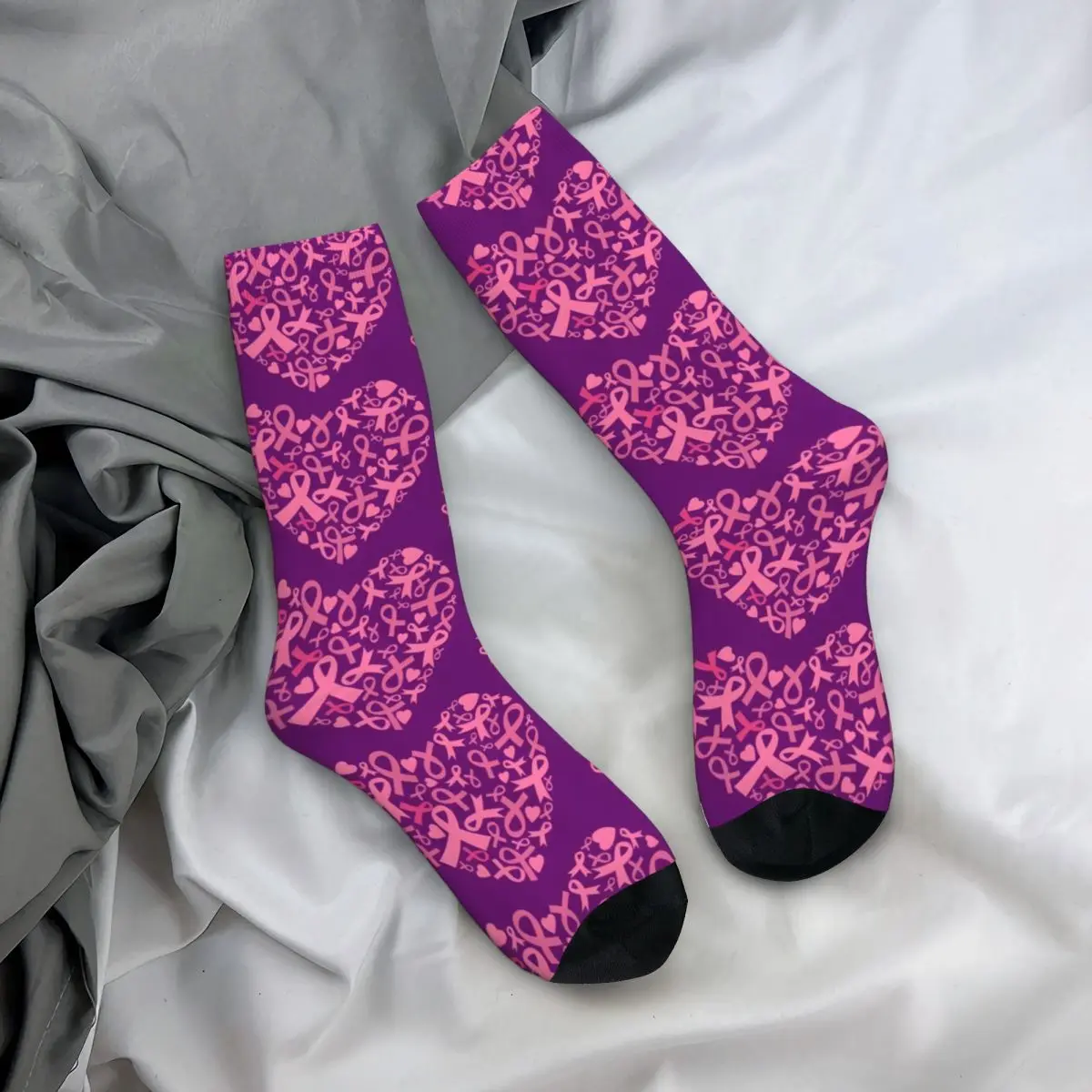 Vintage Breast Cancer Awareness Heart With Ribbons Men's compression Socks Unisex Street Style Pattern Printed Novelty Crew Sock