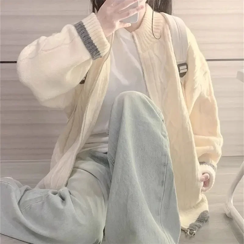 Sweter z panelami Kardigan Kobiety Jesień Zima Słodkie Studenci Baggy Zamki O-neck Zaprojektowany Dzianinowy Przytulny Ulzzang Streetwear Ins