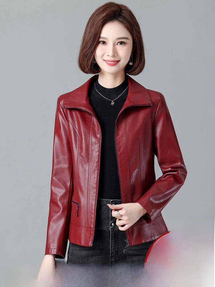 

Ning Genuine Leather Jacket Women's Spring Autumn New Slimming Mommy Style Short Sheepskin Coat Zipper Closure Long Sleeve
