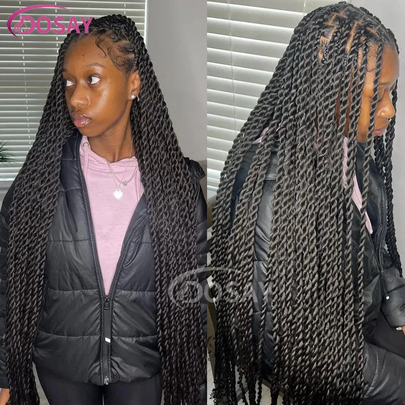 36 Cal 360 w pełnym peruki typu Lace Front Twist Box pleciony senegalski koronkowa peruka na przód czarny Faux Locs bez zawijanych peruki syntetyczne