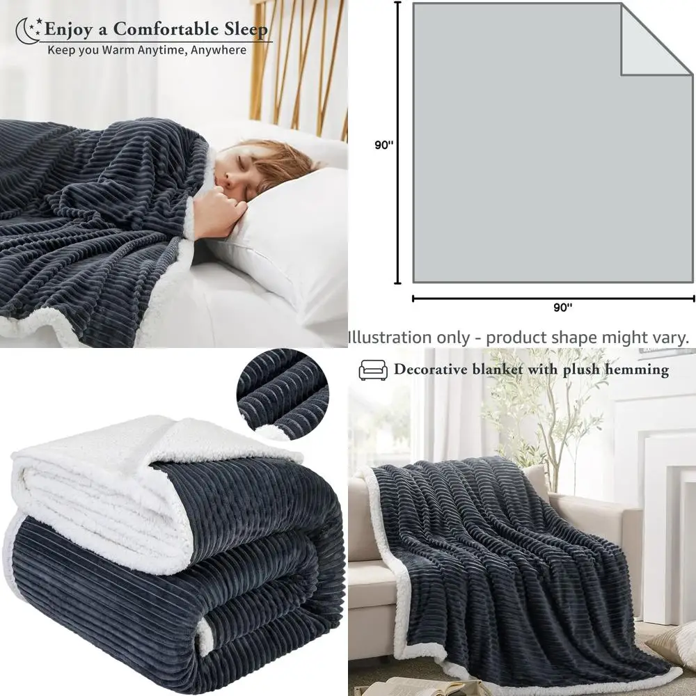 

Queen Size Striped Sherpa Fleece Blanket - Soft, Fuzzy, Warm, Cozy, Fluffy, Reversible, Luxurious Velvet Throw (90x90), Dark Gre