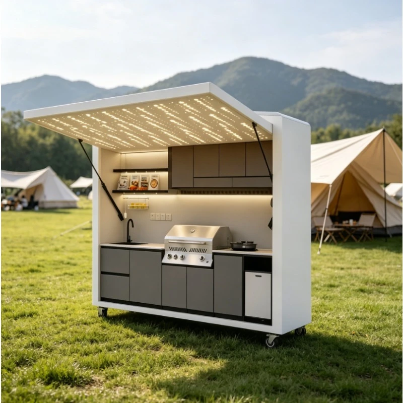 Commercial Prefab Outdoor Kitchen BBQ Pod Weather Resistant Cabinets with Stainless Steel Countertop for Hotel Resort