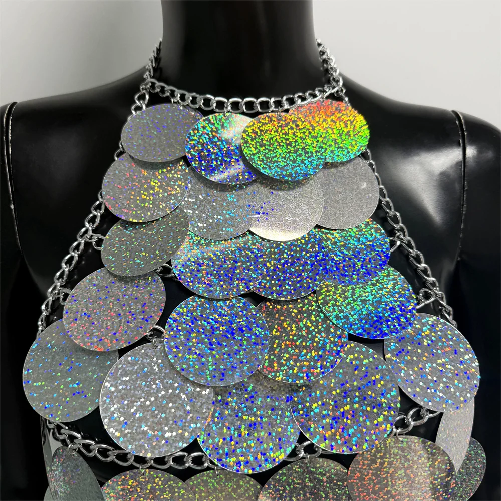 Damen Metall-Pailletten Rückenfreies Top Sexy Ausgeschnittenes Neckholder-Oberteil Handgefertigtes Träger-Top Rave Festival Party Tanktop Crop Top – Detail 16