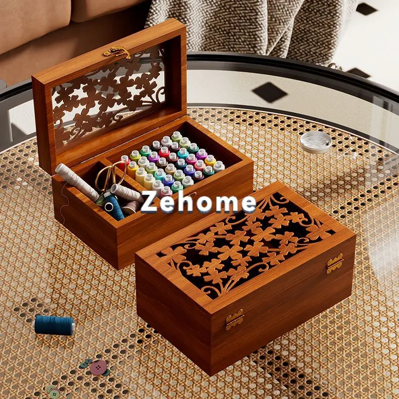 High-end solid wood sewing box set, household clothing DIY sewing kit, multi-functional wedding dowry portable storage box