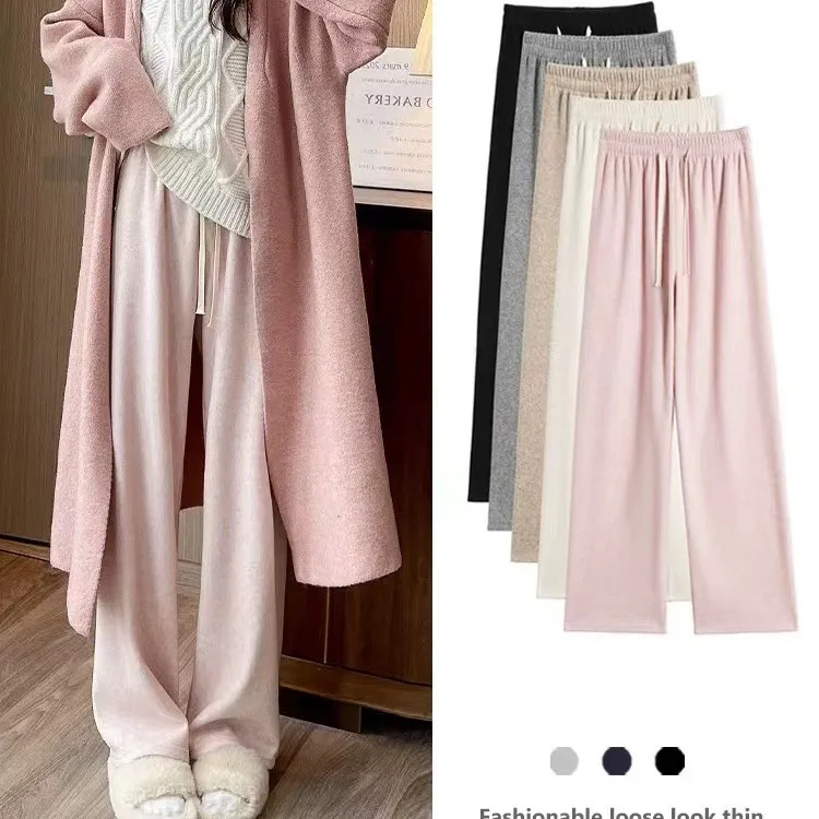 Women's Woolen Flannel Thickened Towel Pants High-Waisted Loose Fit Draped Rice Flour Wide Leg Pants Narrow Straight Casual