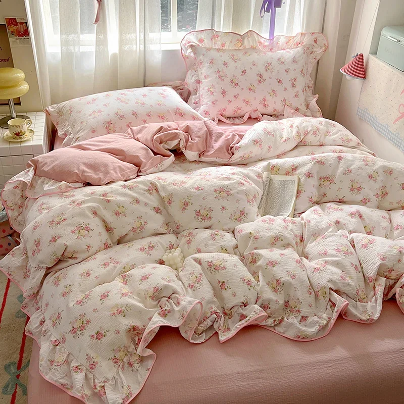 Ruffles Bedding Set Floral Style Duvet Cover Pillowcase with Bedsheet Skin-friendly Bed Linen Set Girls Room Bedclothes