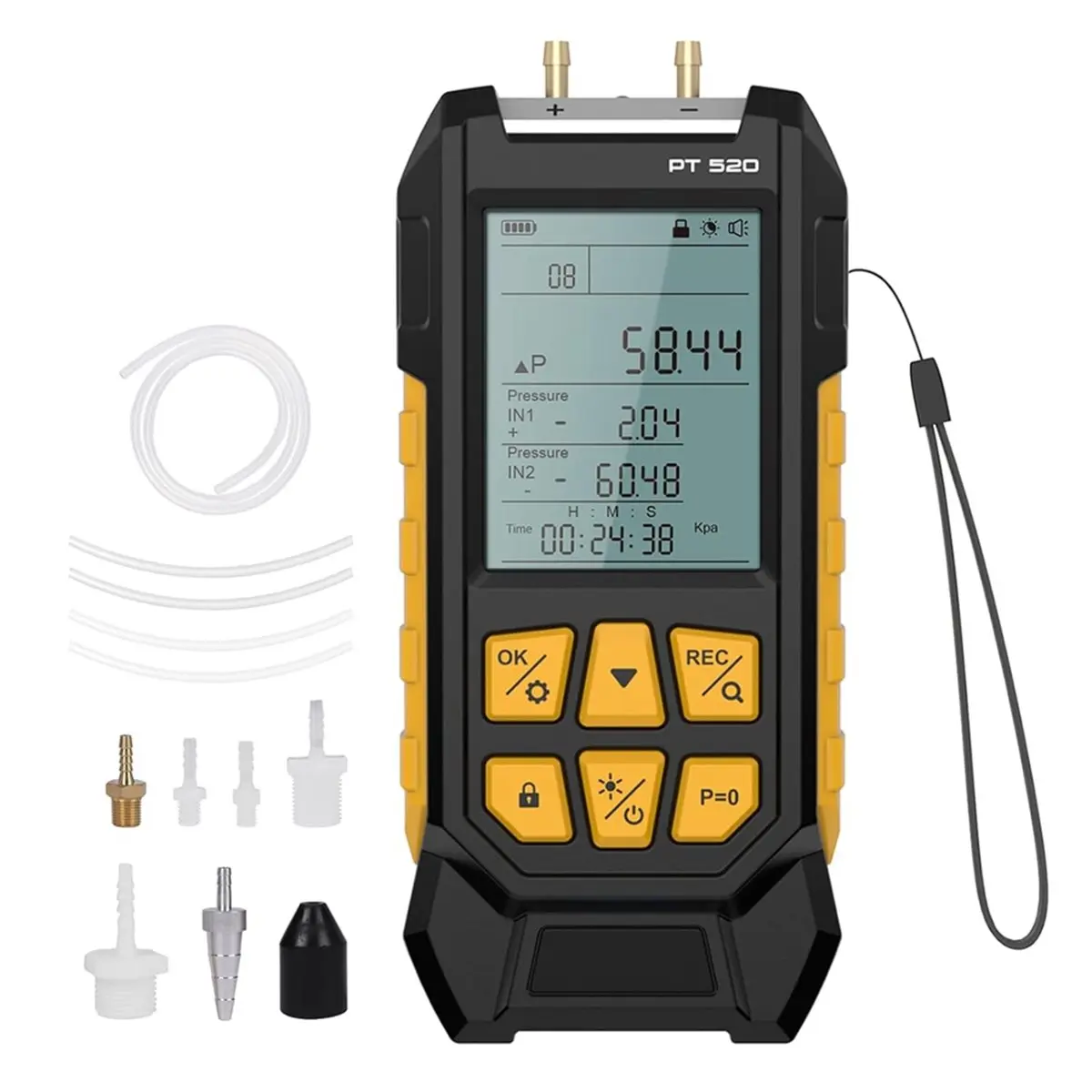 Y1482A J~PT520 Digital Manometer Dual Port Air Pressure Meter with 10 Selectable Units and Various Adapters