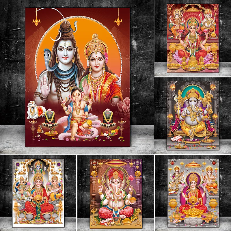 India Hindu Gold Ganesha Temple Elephant God Shiva Canvas Painting Hinduism Posters Religion Wall Art Living Room home Decor