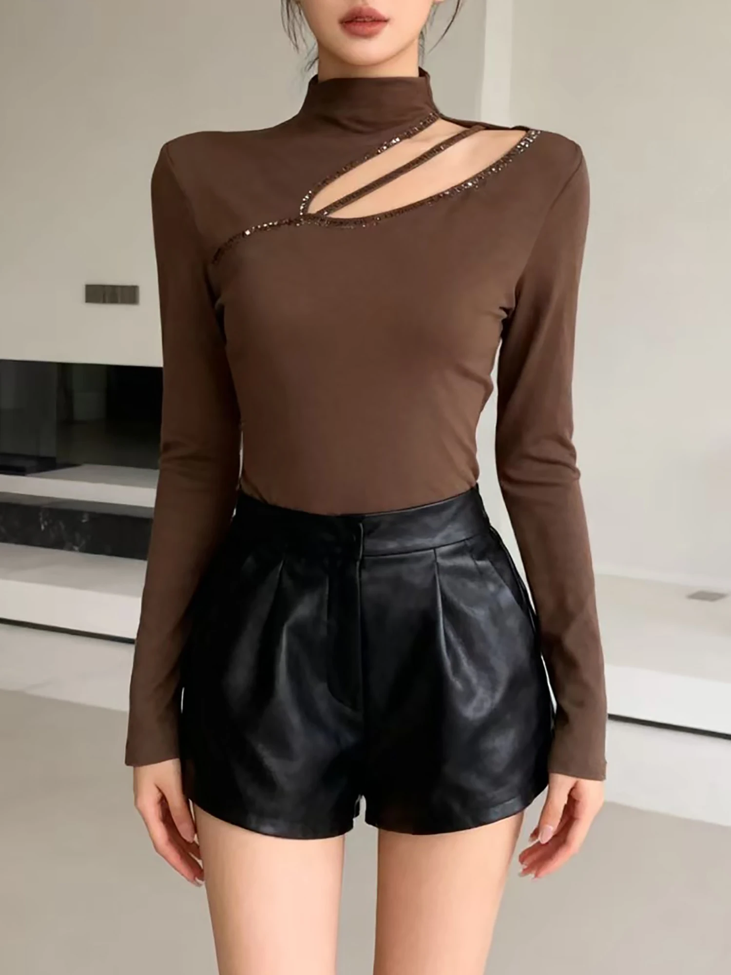 Preto, coreano, estilo, camiseta, chique, sexy, oco, brilhante, diamantes, miçangas, mulheres, tops, manga comprida, camisa de fundo, camisetas, 2026,5111704