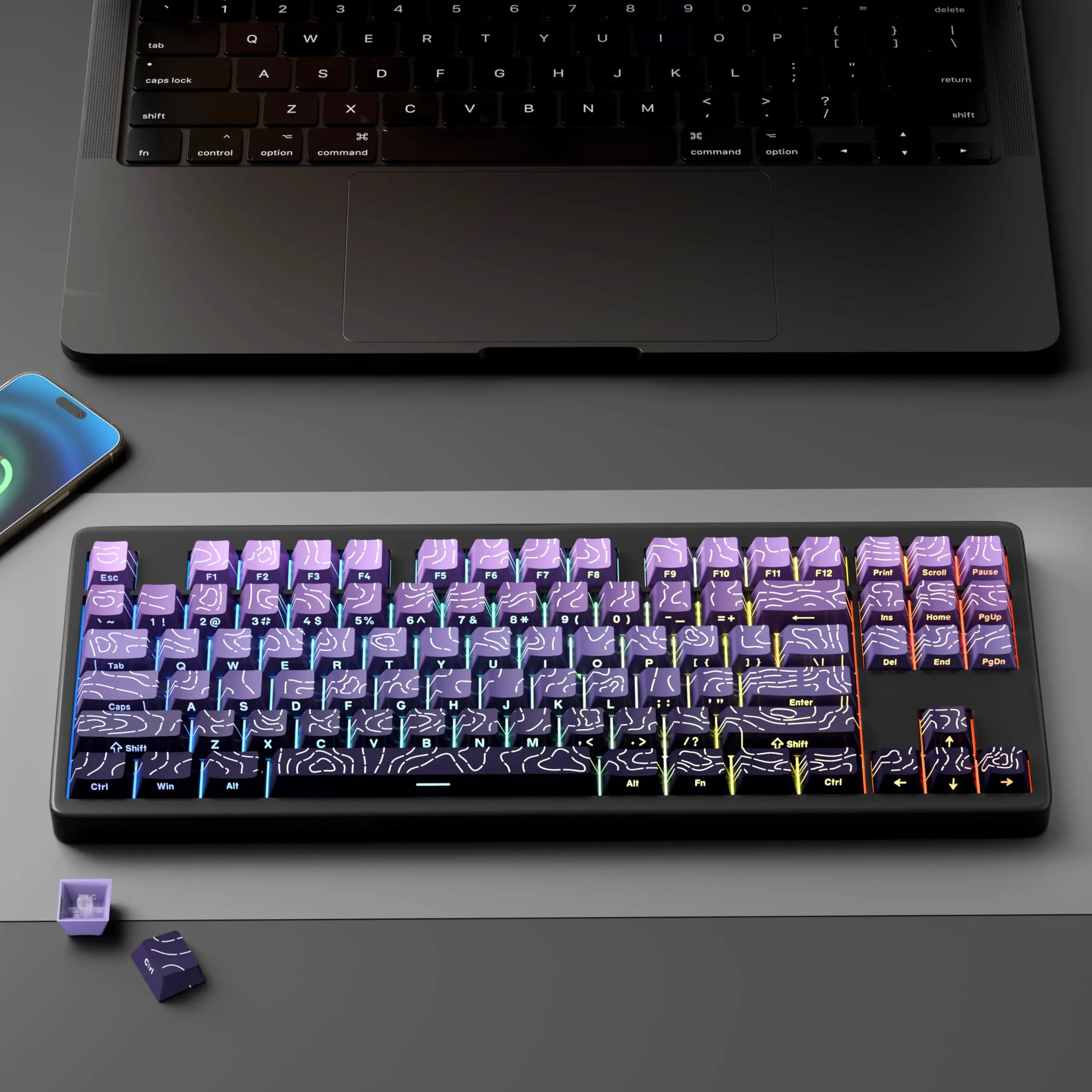 Copritasti retroilluminati RGB con stampa laterale topografica viola 4.0 Copritasti PBT a doppio scatto Profilo Cherry per tastiera da gioco MX Switch