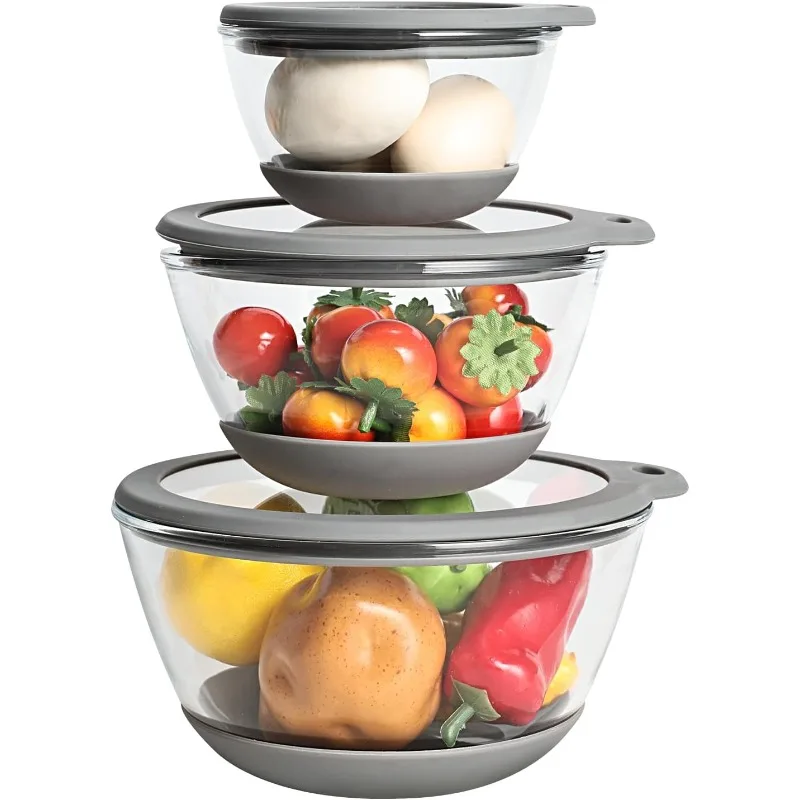 Glass Mixing Bowls Set of 3 with BPA-Free Airtight Lids, Large Nesting Bowls with Non-Slip Silicone Base, Ideal for Food