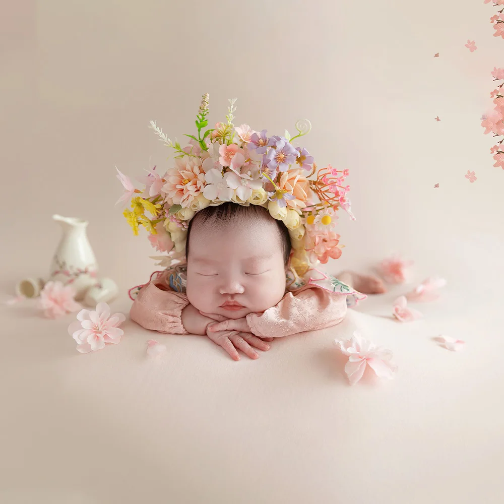 Baby Girl Newborn Photoshoot Outfits Pretty Chinese Elements Style Photography Clothing Bow Tiara Ethnic Style Flower Headdress