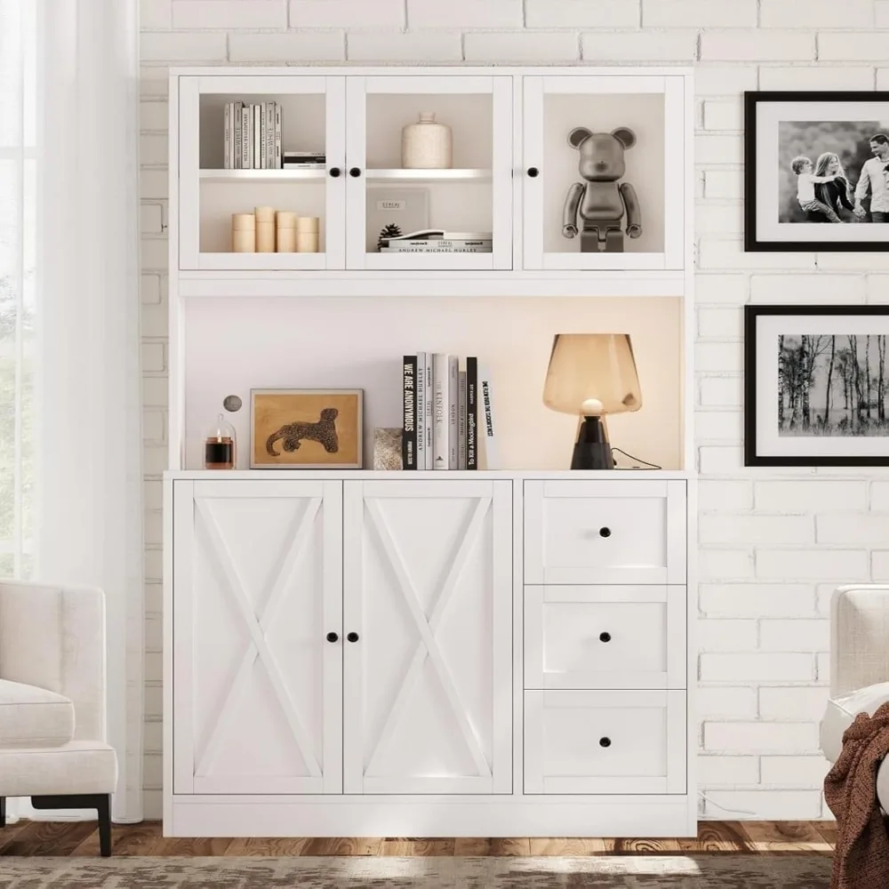 Kitchen Cabinet, Hutch with Microwave Stand & Charging Station, Cabinet with Drawer and Glass Doors, Cabinets Kitchen