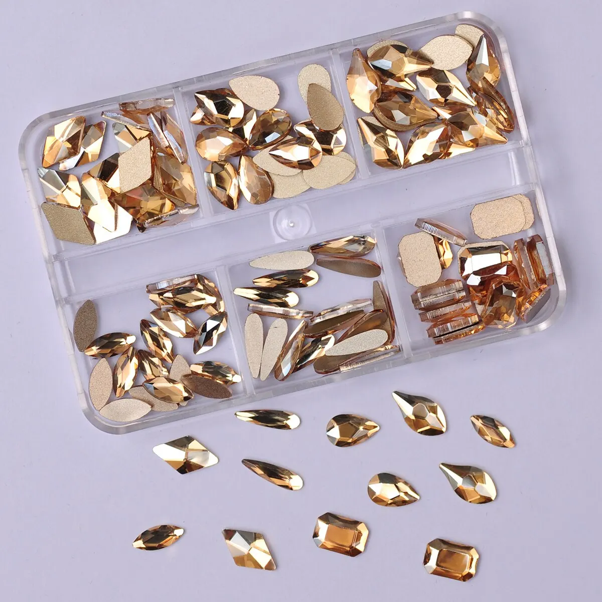 6 Grids 120pcs Mixed Shapes Golden Shadow Nail Rhinestones Nail Charms Accessories Flat Back 3D DIY Nails Art Decoration