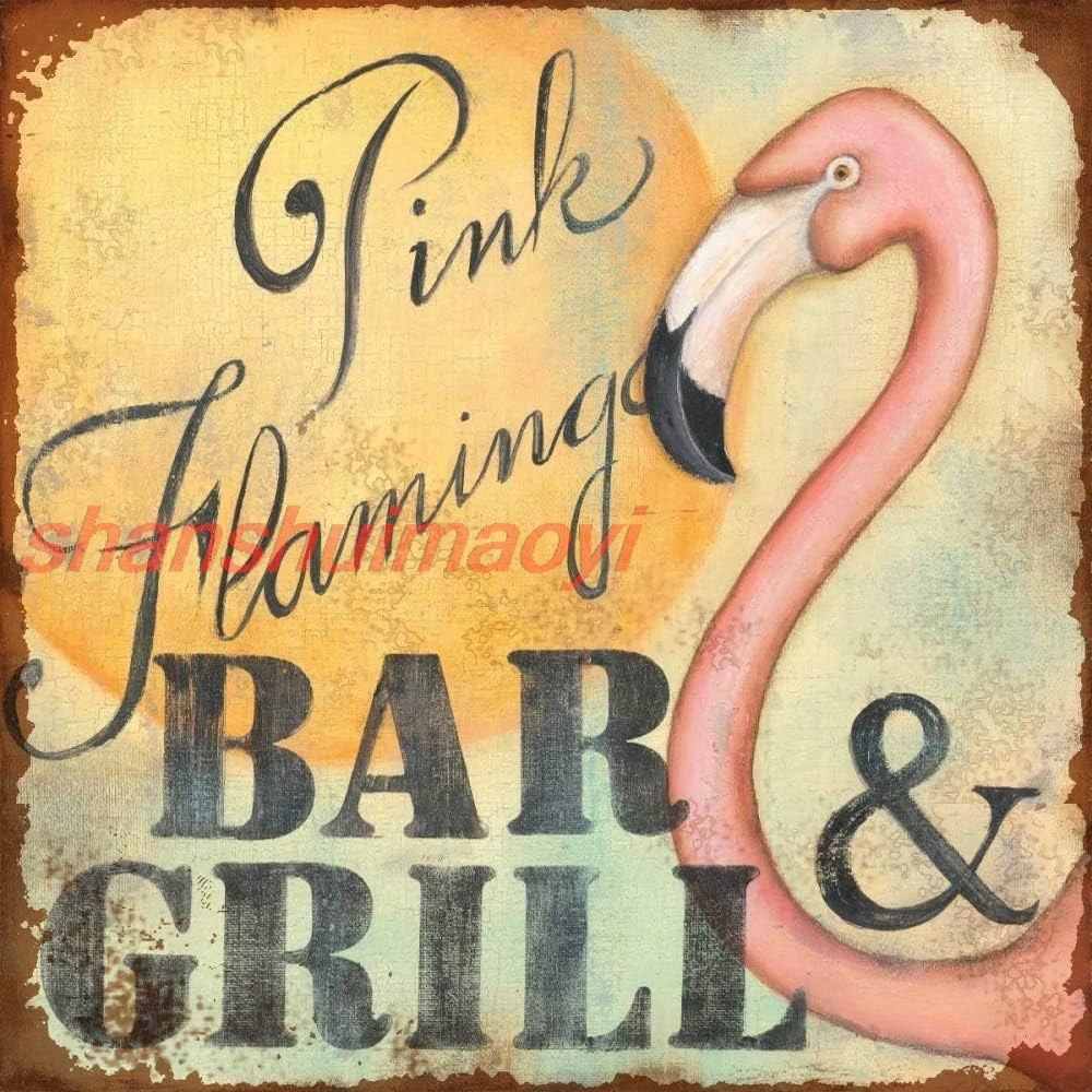 Tin Sign Wall Decor Metal Signs Novelty Pink Flamingo Bar & Grill Retro Vintage Signsative Country Home Gift 12x12 Inches 1 sign
