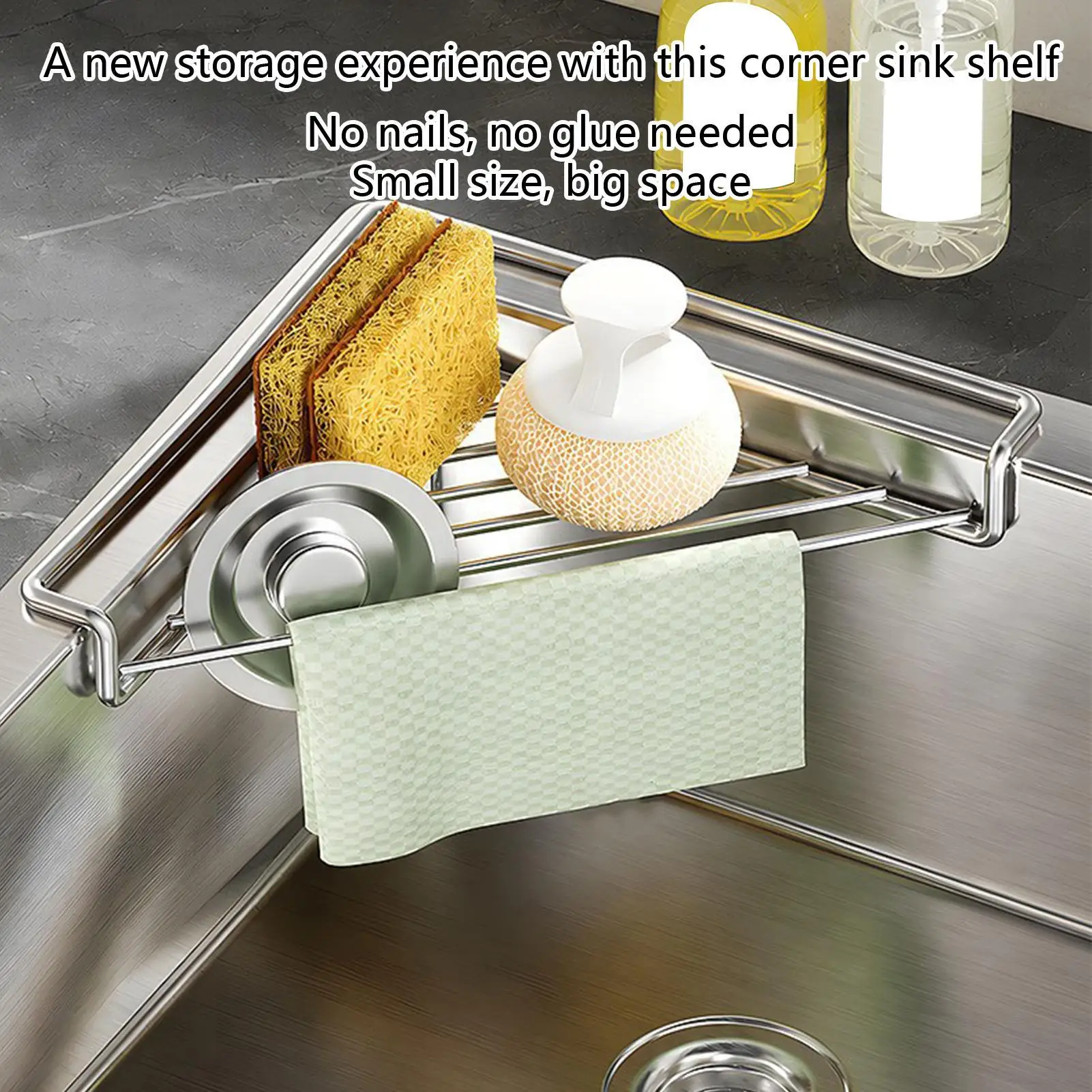 2PCS Triangle Dish Drying Rack Kitchen Sink Organizer Corner Over the Sink Sponge Rag Holder Foldable Stainless Steel Drainer view 3