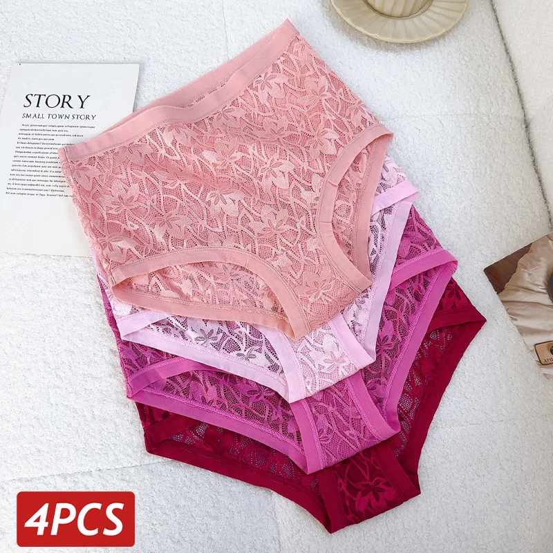 FINETOO 4-teiliges Set Sommer Spitzen Transparente Sexy Dessous Damen Hohle Höschen mit hoher Taille Einfarbige Blumenmuster Atmungsaktive Unterwäsche