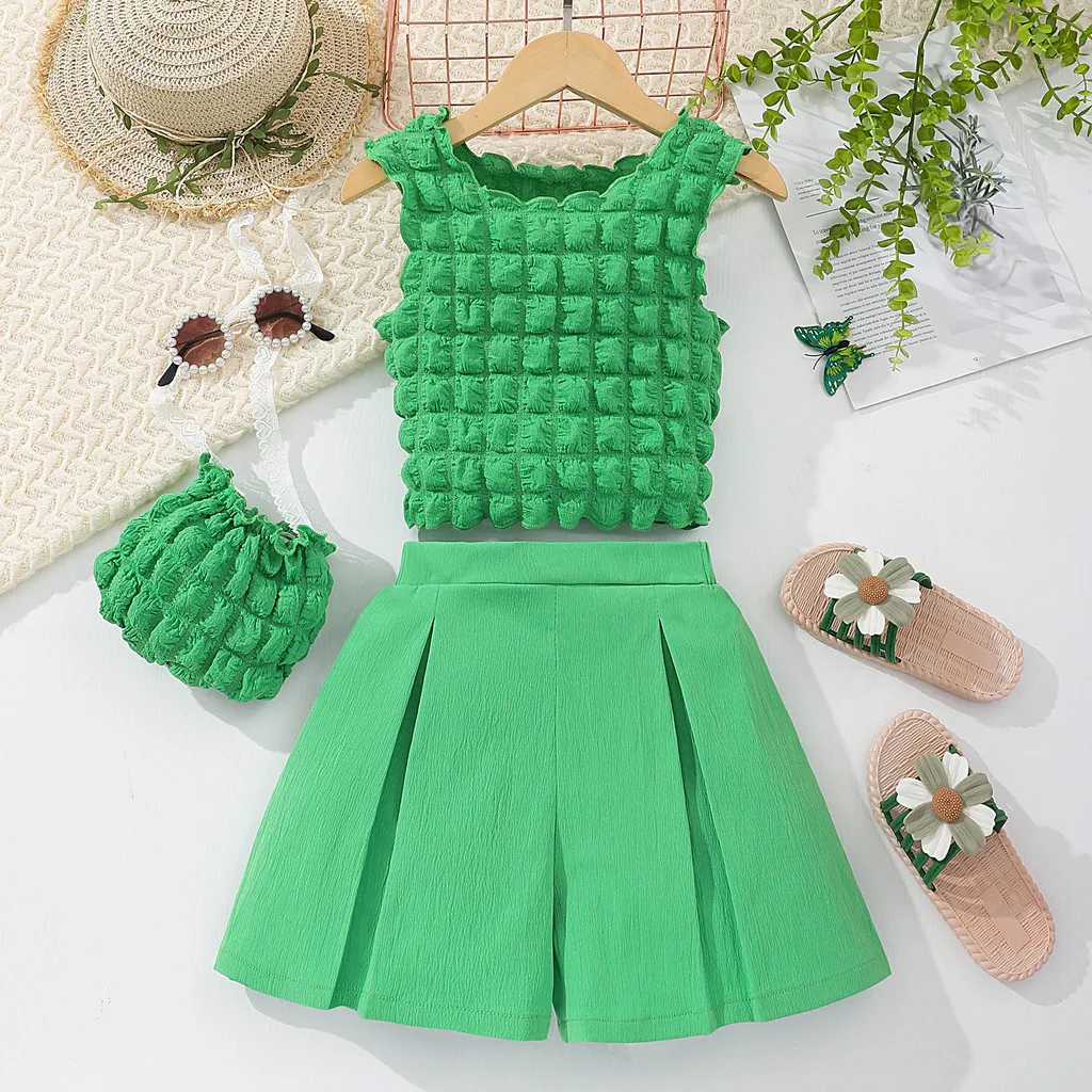 3 Pcs Set Teen Girls Clothes Summer Sleeveless Top+Short+Bag 8 9 10 11 12 Years Old Bubble Fabric Kids Girl Suit Children Outfit