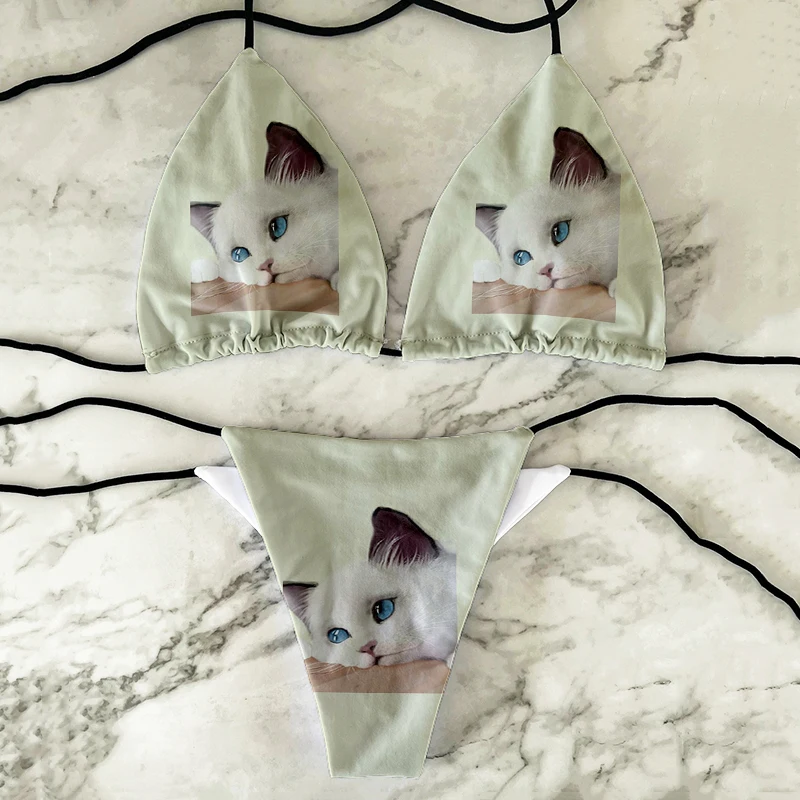 Hot selling cat design bikini set 3D printing fashion sweet women\'s bra swimsuit deep V summer beachwear party bikini set