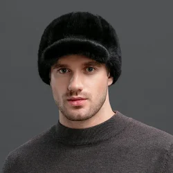 Men's Real Mink Fur Hat Winter Warm Peaked Cap Hunting Headwear Black Brown