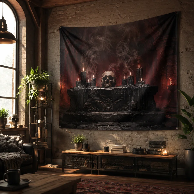 VIKAMA Gothic Skull Candle Tapestry, Dark Red Esoteric Art Wall Hanging, for Office or Bedroom Walls, Dark Aesthetic Decor