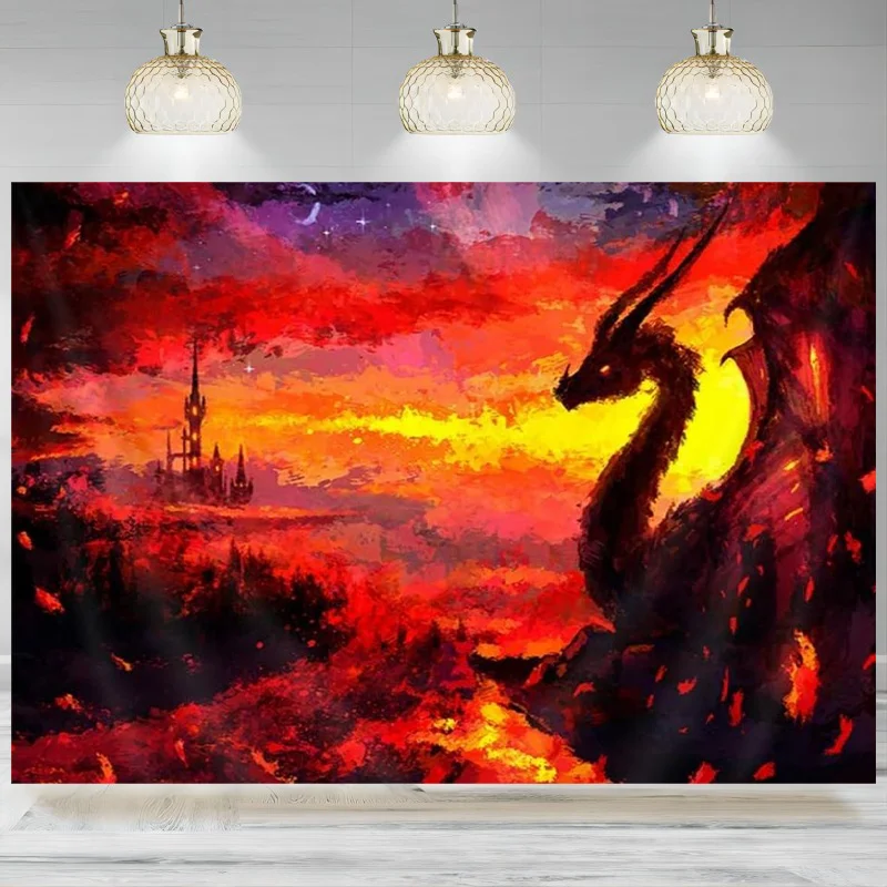 Dragon Medieval Blue Fire Dragon Backdrop Poster Gothic Trippy Dragon Photographic Background LivingRoom Party Decoration Bann