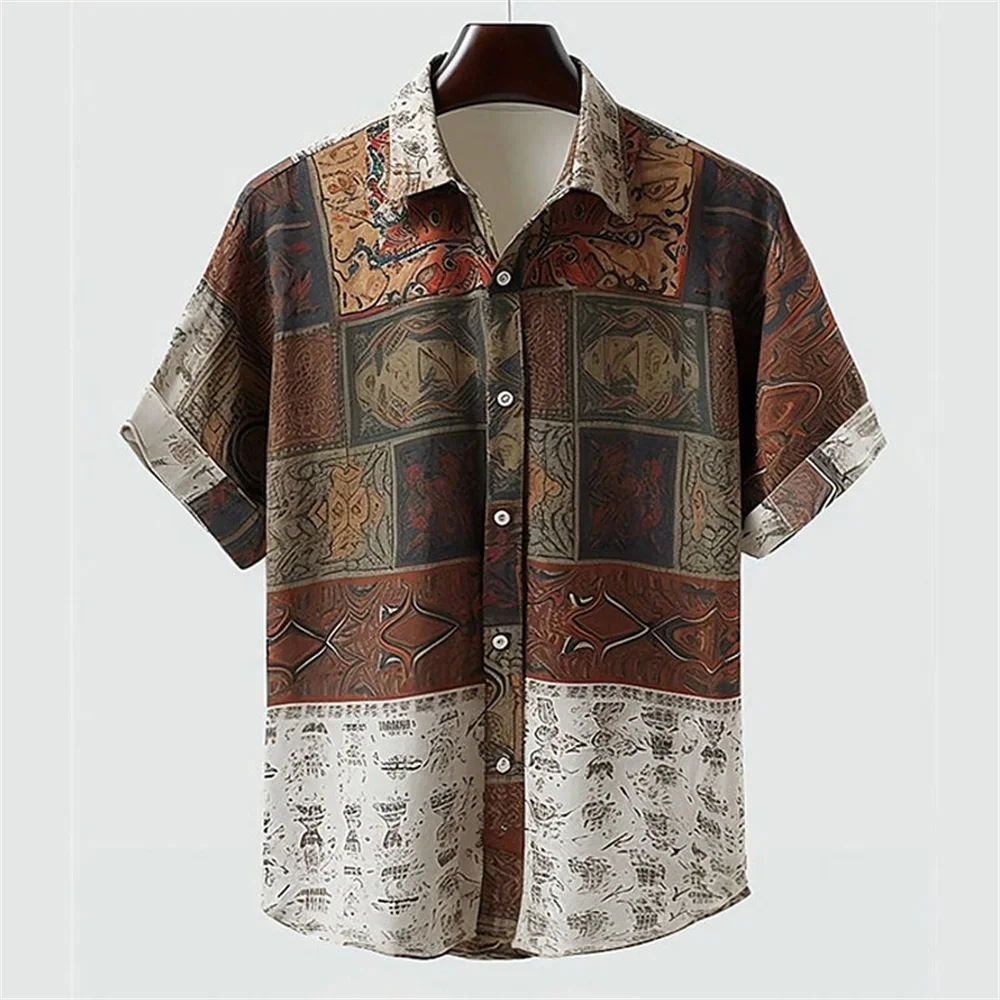 Chemise décontractée à manches courtes pour hommes, style ethnique, impression graphique 3D, bouton de vacances, vêtements de luxe rétro, haut pour hommes, automne