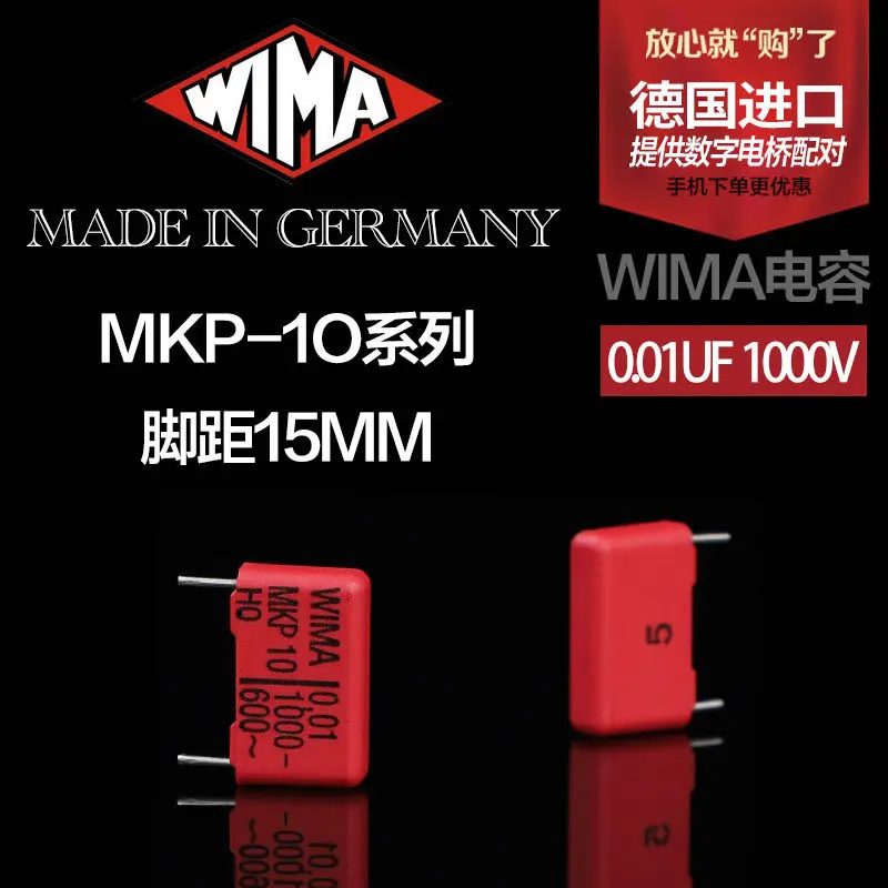 Condensador de Película de Audio WIMA Rojo 0.01uF 1000V Serie MKP1O, Nuevo, Original, Importado de Alemania