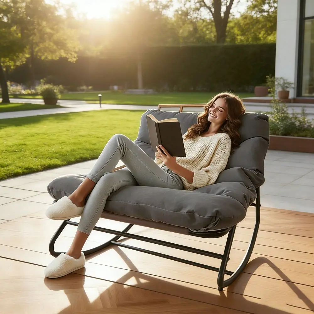 

Rocking Chair For Indoor Outdoor Use, Metal Patio Rocker With Thick Cushioned Seat, Modern Comfortable Lounge Chair For Living
