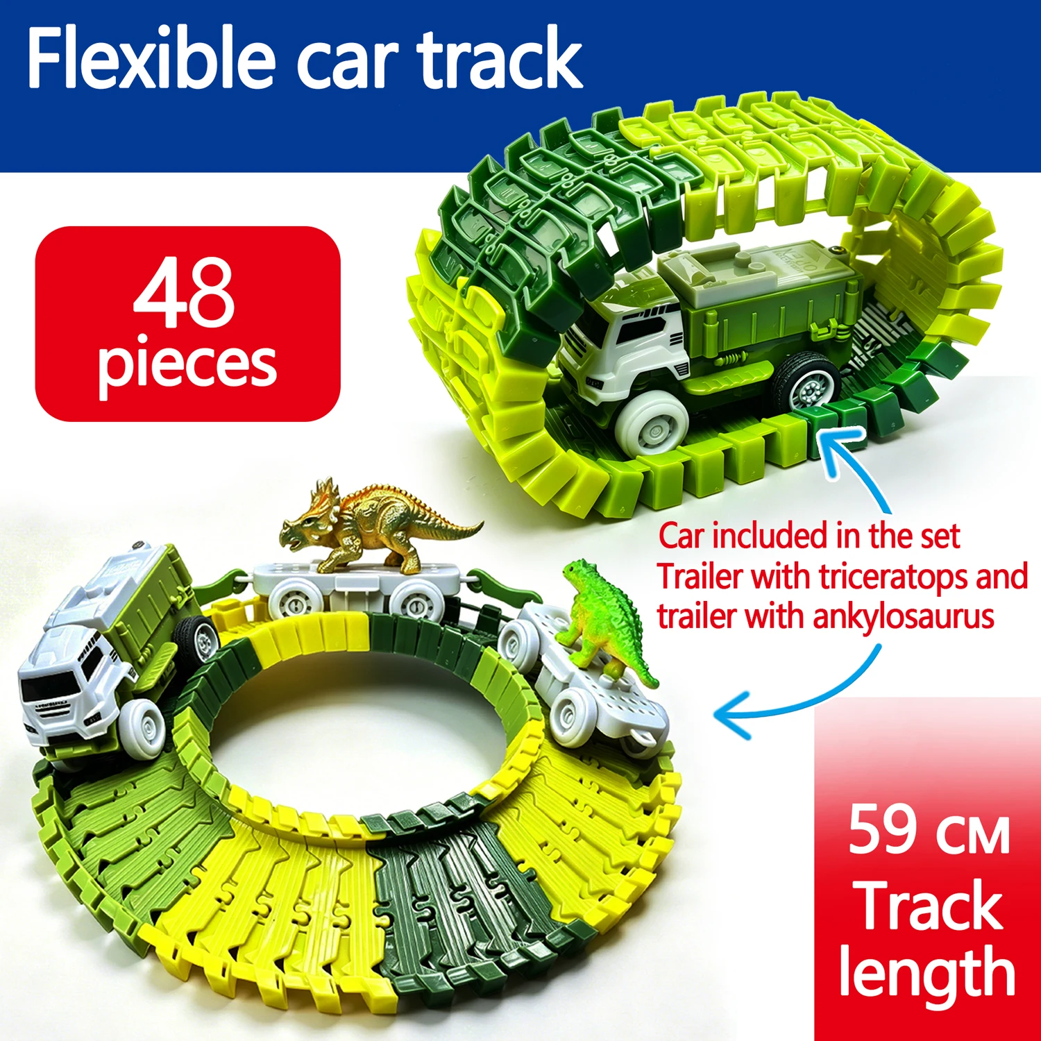 The flexible track electric dinosaur transport vehicle allows children to exercise their practical skills and logical thinking