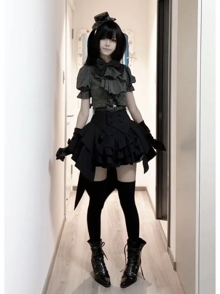 Japanese Gothic Lolita Subculture 3 Piece Set Women Summer Slim Fit Striped Bow Puff Sleeve Ruffle Blouse Layered Mini Skirt - view 6
