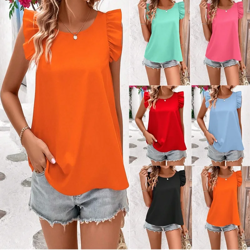 Women's Flying Sleeves Back Elastic Cross Top, O-Neck, Monochromatic, Casual Fashion, Summer, New, 2024