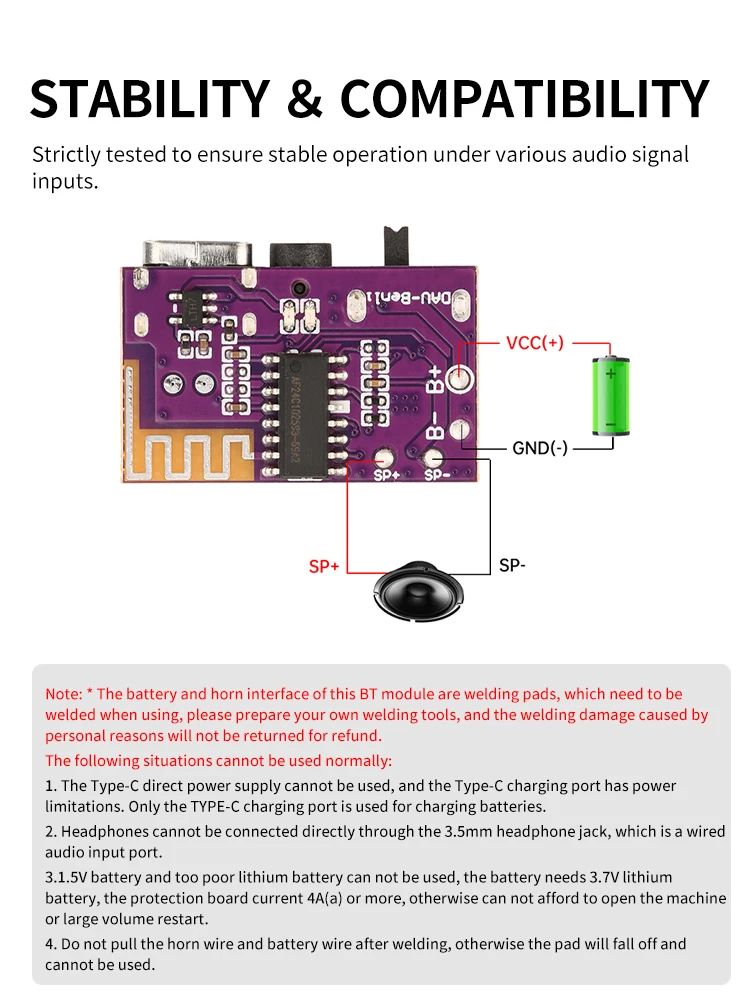 DC3.5V-5V Bluetooth Amplifier Module 5W Mono Audio Amplifier BT Decoder Board Support TWS Pairing Type-C interface